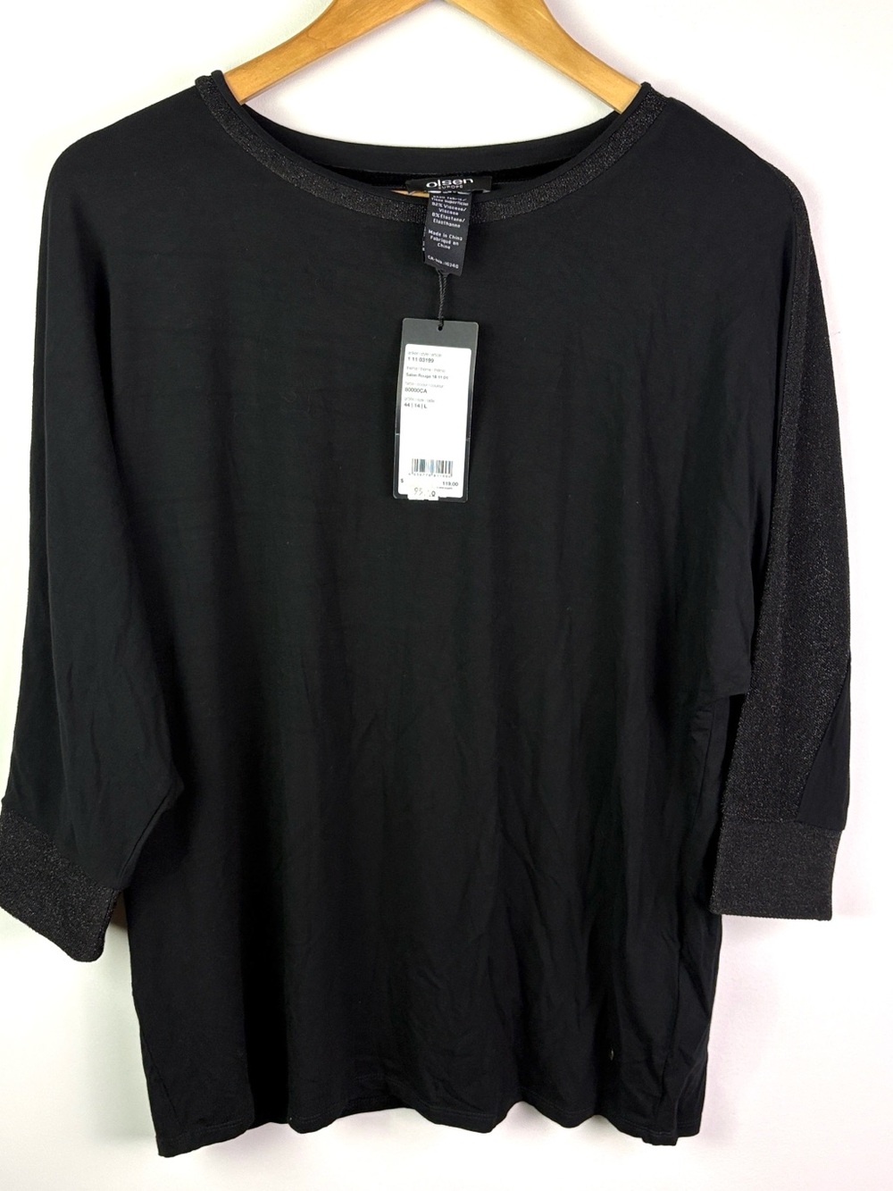 NWT Olsen Black 3/4 length Sleeve Top with Subtle gold Sparkle Trim size L